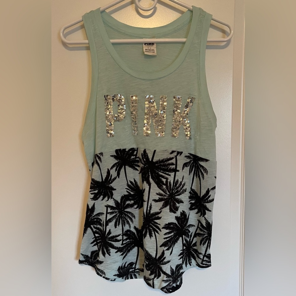 PINK Victoria's Secret Aqua and Black Palm Tree Sequin Tank Top